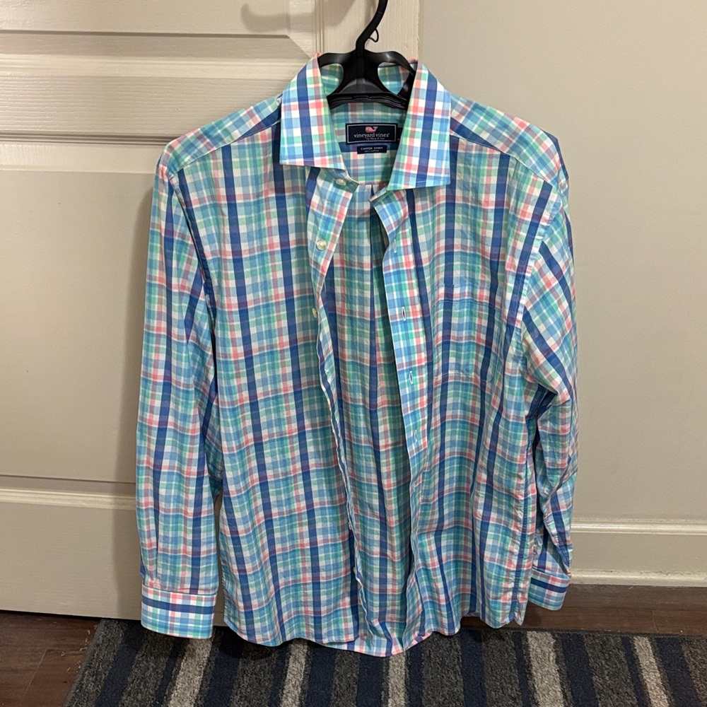 Nautica Men's Blue and Pink Plaid Shirt